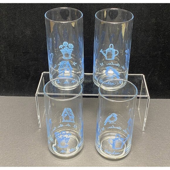 Vintage Libbey Garden Theme Glass Tumblers Set of 4 Flower Pot Bird House - Picture 1 of 9
